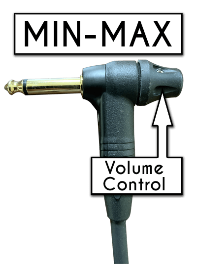 This is an image of an arrow pointing to the MIN-MAX volume control built into the guitar cable